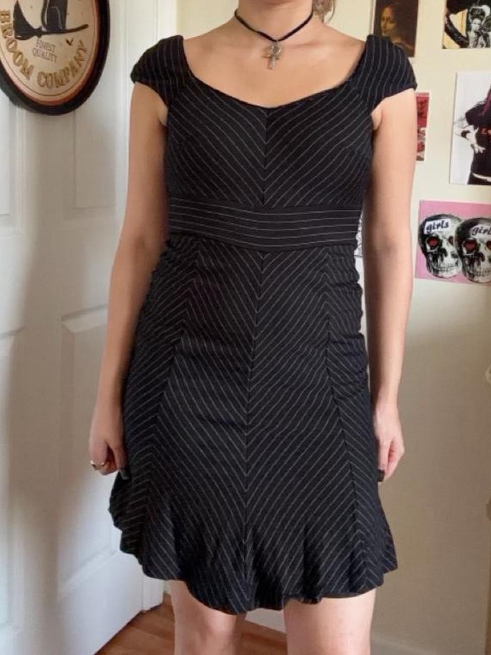 Black Pinstripe Cap-Sleeve Fit & Flare Dress